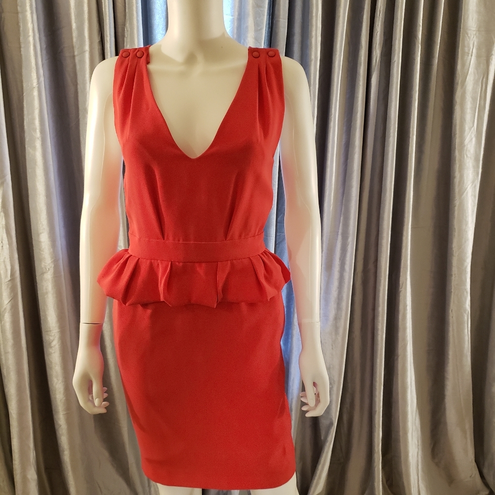 Maje Red Structured Peplum Midi Dress with Pockets